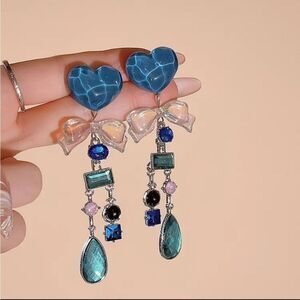 Blue Heart Shaped Tassel Earrings